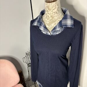 Khol's Navy Blue Plaid Collar Long Sleeved Top